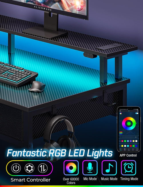 Computer Desk with Power Outlets & LED Light, 47 Inch Home Office Desk