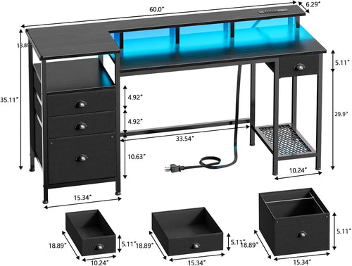 Black Computer Desk with 4 Drawers, 60" Long Office Desk with Fabric