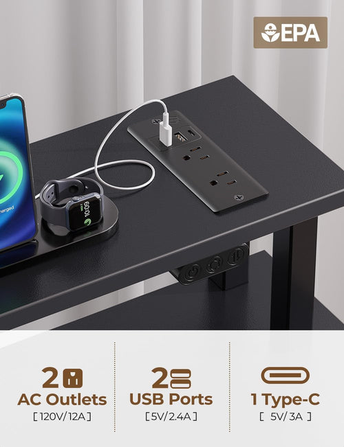 39 Inch Computer Desk With Power Outlets And LED Light