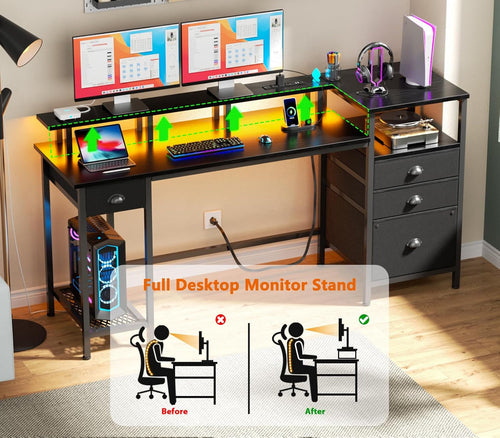 Black Computer Desk with 4 Drawers, 60" Long Office Desk with Fabric