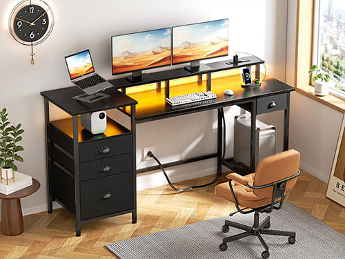 Black Computer Desk with 4 Drawers, 60" Long Office Desk with Fabric