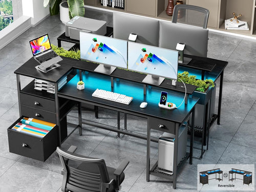 Black Computer Desk with 4 Drawers, 60" Long Office Desk with Fabric