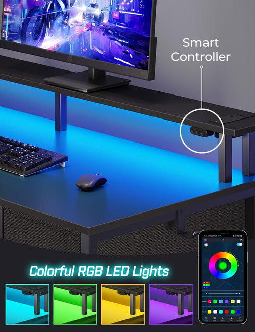 39 Inch Computer Desk With Power Outlets And LED Light