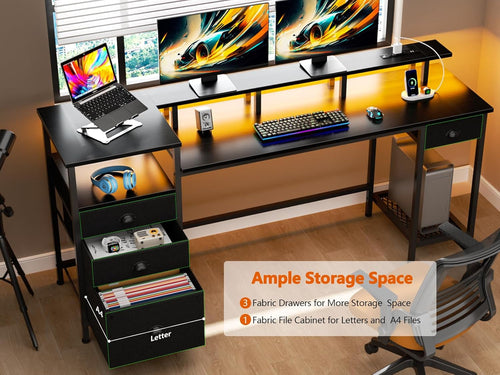 Black Computer Desk with 4 Drawers, 60" Long Office Desk with Fabric