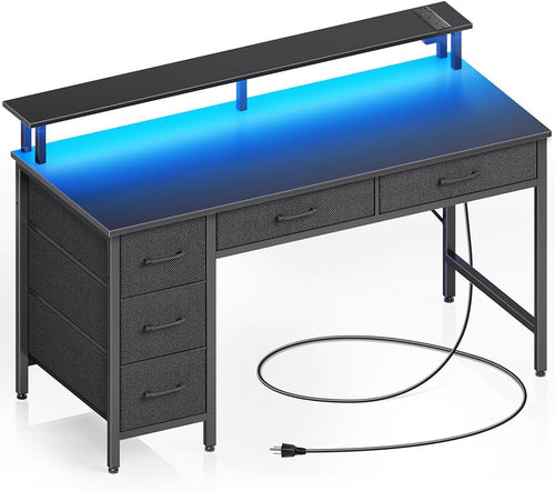 39 Inch Computer Desk With Power Outlets And LED Light