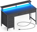 39 Inch Computer Desk With Power Outlets And LED Light