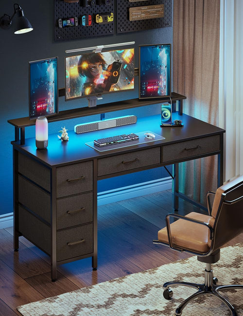 39 Inch Computer Desk With Power Outlets And LED Light